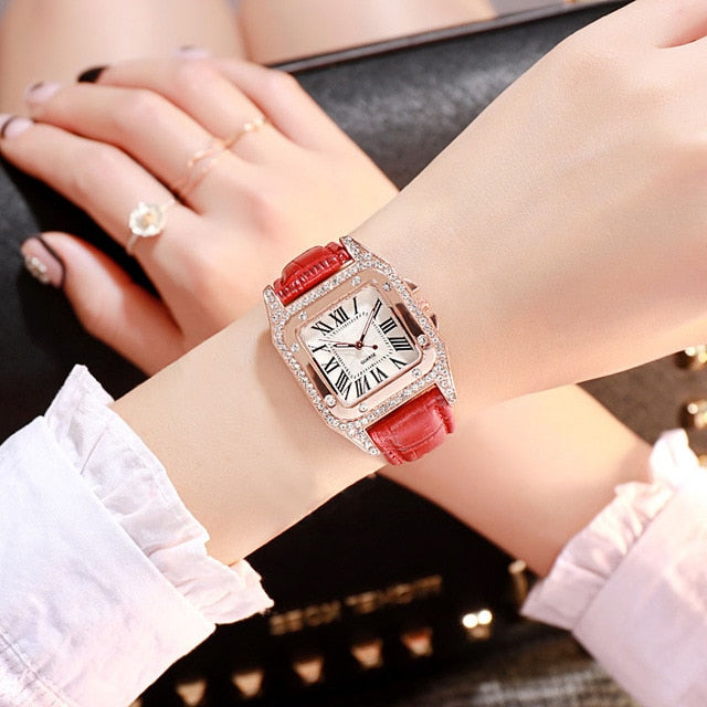 Diamond Watch Starry Square Dial Bracelet Watches Set Ladies hot Leather Band